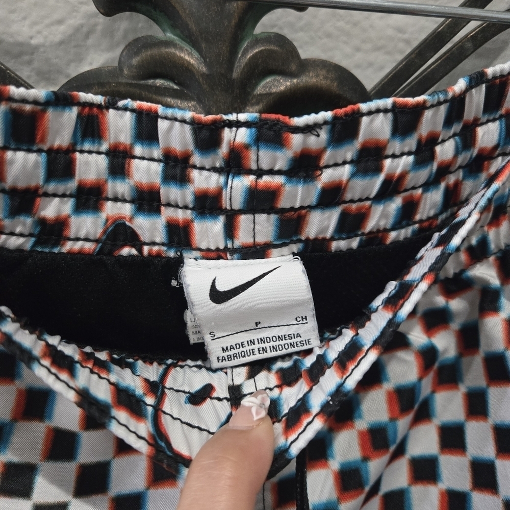 Nike Men's Graphic Checkered Swim Shorts - Black, White, and Blue - Picture 5 of 8
